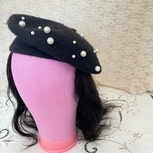 Chic Black Beret with Pearl Accents